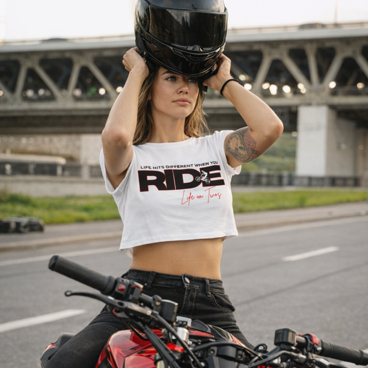 Life on Twos Women’s Crop Top – RIDE (White/Red)