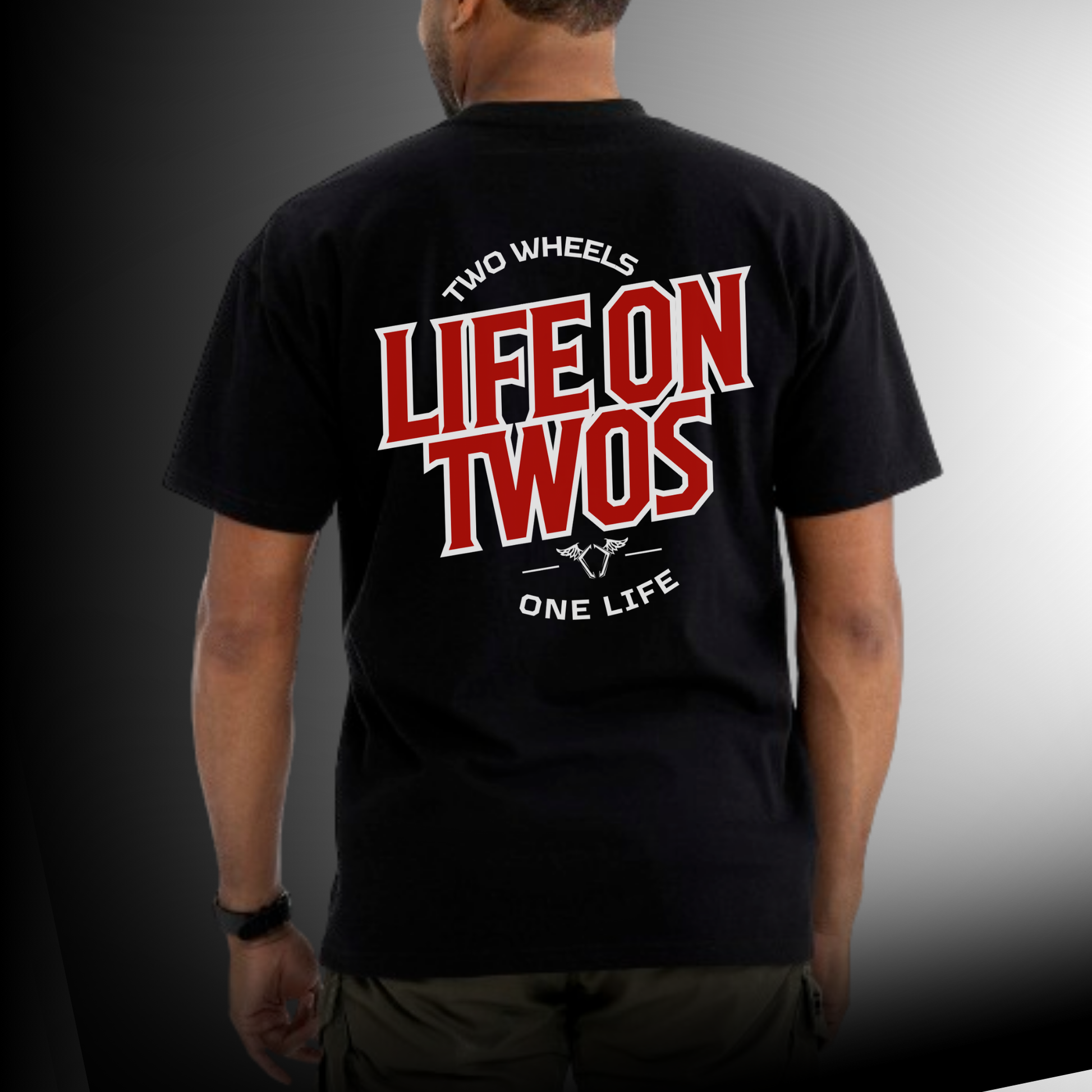 “Life on Twos Classic T-Shirt back view with Life on Twos graphic”